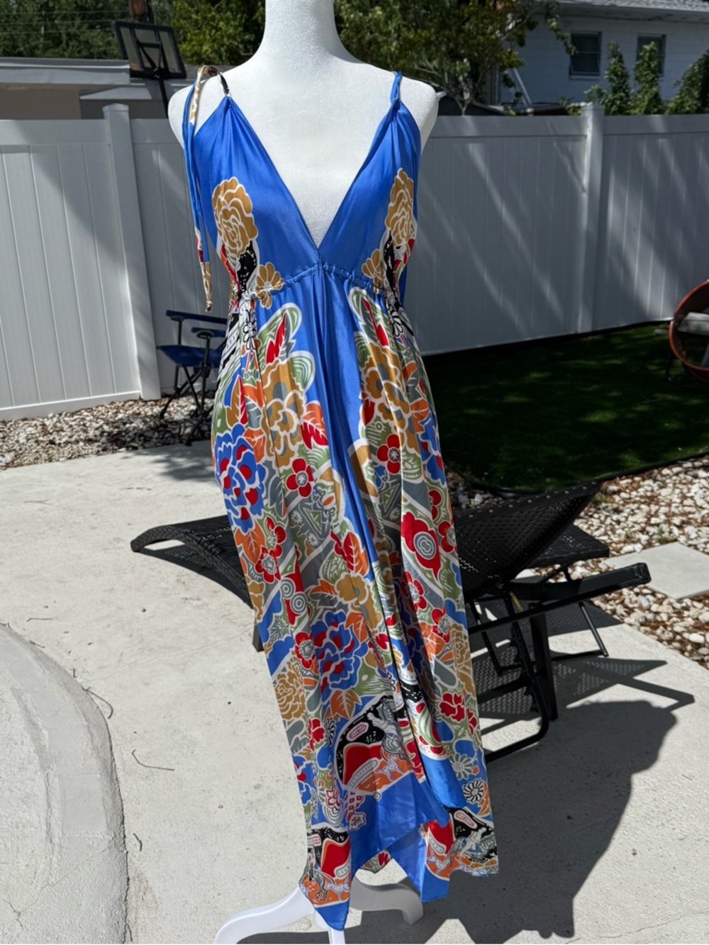 Advance Apparels 100% Silk Royal Blue Floral V-Neck Maxi Dress Size Small - Picture 3 of 10